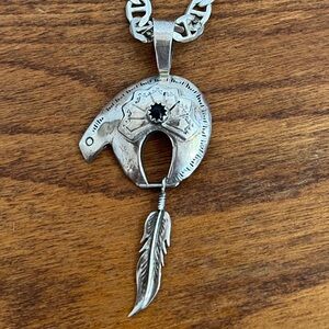Jason Livingston Sterling Navajo Necklace Bear And Feather Pendant
